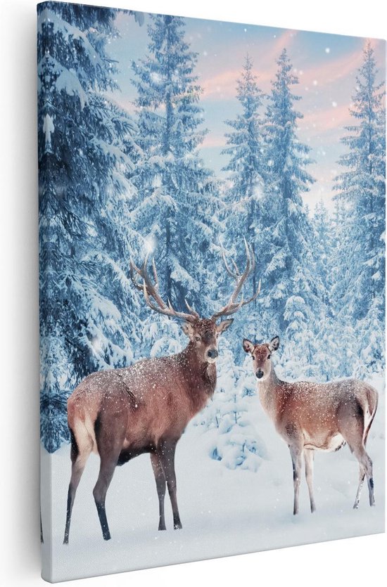 Artaza - Peinture sur toile - Deux cerfs dans la forêt avec de la neige - 40x50 - Photo sur toile - Impression sur toile