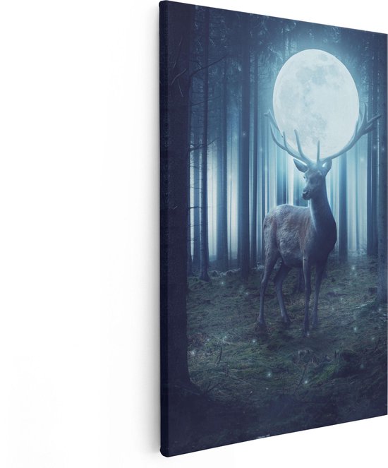 Artaza - Canvas Schilderij - Hert In Het Bos Tijdens Volle Maan - Foto Op Canvas - Canvas Print