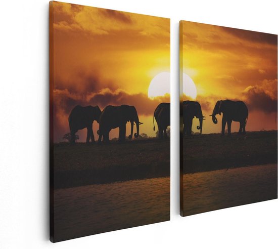 Artaza Canvas Schilderij Tweeluik Silhouet Olifanten Tijdens Zonsondergang - 80x60 - Foto Op Canvas - Canvas Print