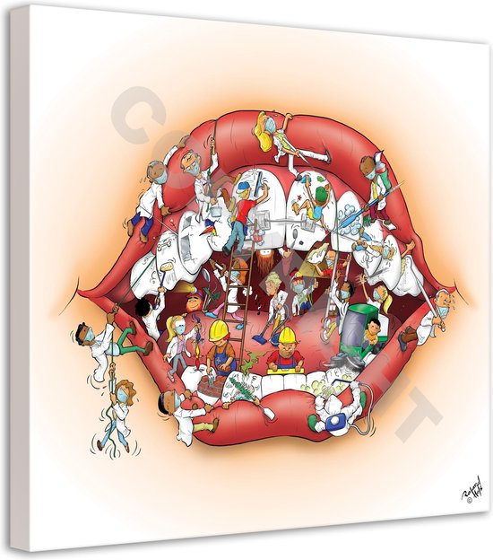 Tandarts Cartoon op canvas - Roland Hols - Mond - 60 x 60 cm - Houten frame 4 cm dik - Orthodontist - Mondhygiënist