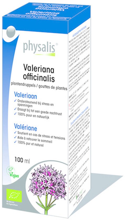 Flesje Physalis Valeriana officinalis, met afbeelding van paarse bloemen. Bevat 100 ml.