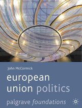 Boek 'European Union Politics' van John McCormick, met een kleurrijke, abstracte afbeelding van een lampenkap.