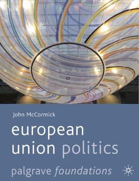 Livre 'European Union Politics' par John McCormick, avec une image abstraite et colorée d'un abat-jour.