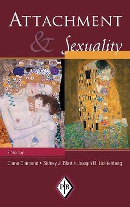 Boekomslag "Attachment & Sexuality" met op de linkerhelft een schilderij van een vrouw die een kind vasthoudt, en op de rechterhelft "De Kus" van Gustav Klimt. De titel en de namen van de redacteuren zijn zichtbaar.