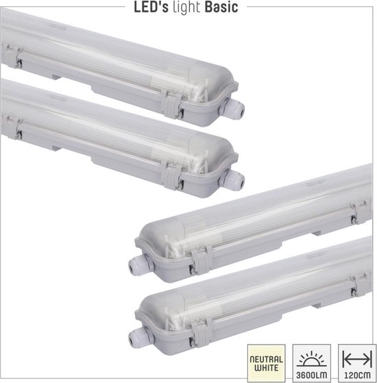 Lampe LED - 4 x LED's Light Fluorescent LED avec Tube - 8 x 18W 120cm  4320lm 4000K... | bol.com