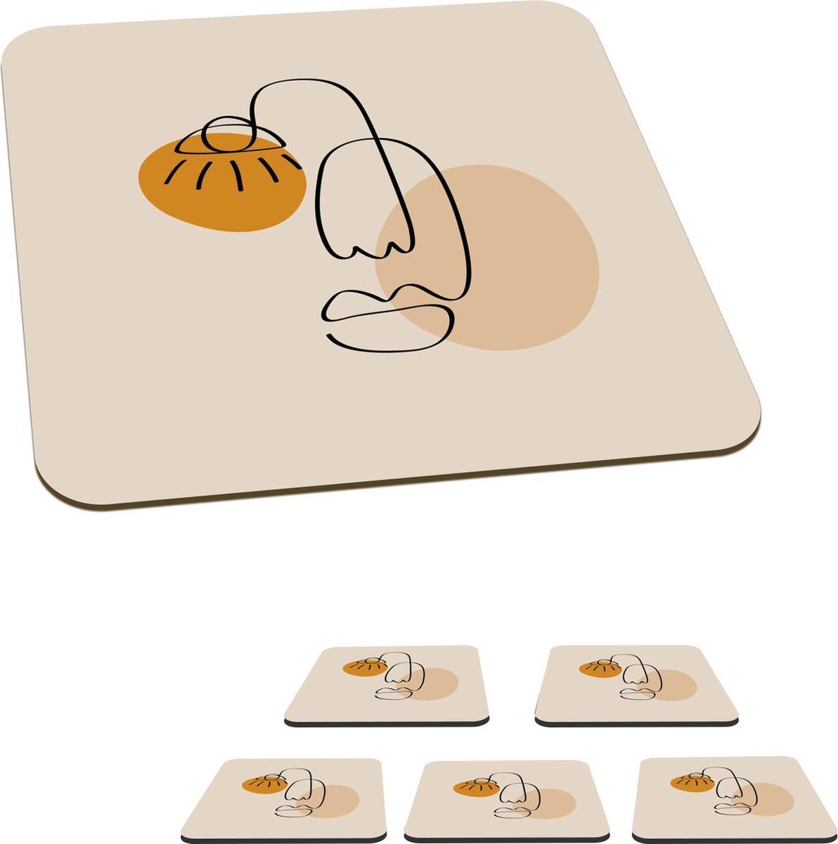 Onderzetters voor glazen - Minimalisme - Pastel - Gezicht - 10x10 cm - Glasonderzetters - 6 stuks
