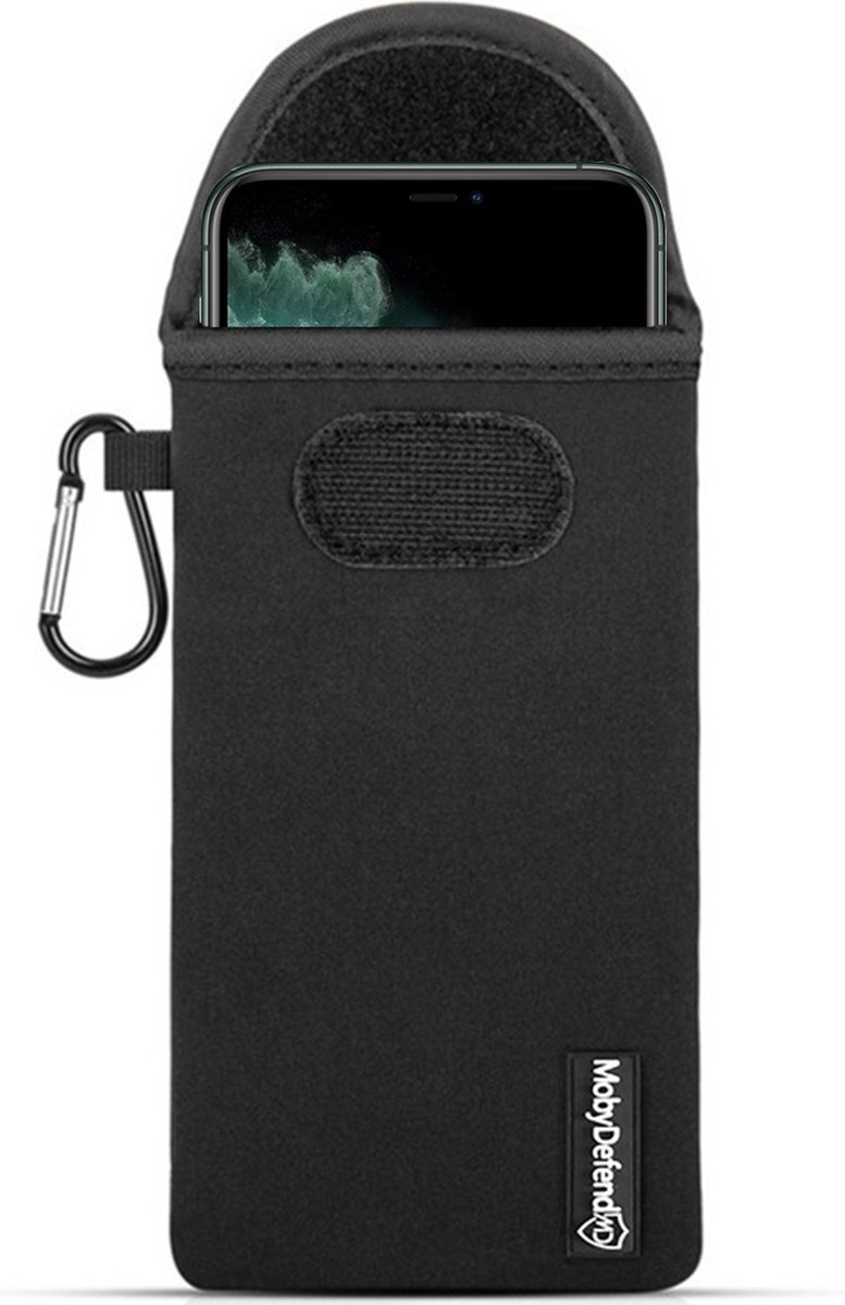 MobyDefend Hoesje - Geschikt voor iPhone 11 Pro - Neopreen Pouch Met Karabijnhaak - Insteek - Riemlus - Zwart