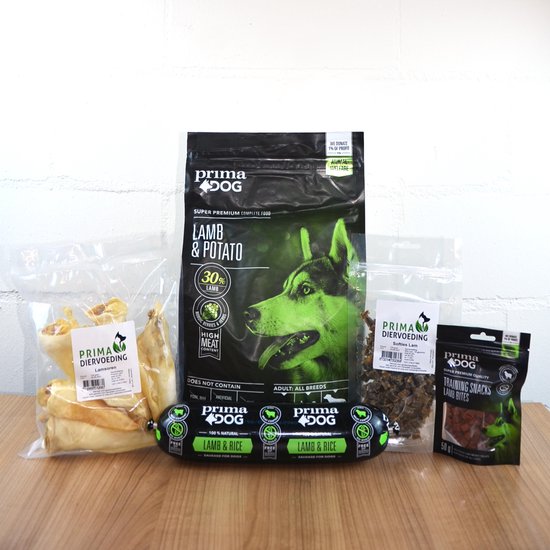 Prima Diervoeding Cadeaubox Honden - Hondenvoer Lam - Hondensnacks Lam - Verrassingspakket Hond - Hondenvoer Droogvoer - Hondenvoer Natvoer - Hondensnacks Training - Hondensnacks Gedroogd