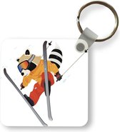 Sleutelhanger - Illustratie van een wasbeer op ski's - Uitdeelcadeautjes - Plastic