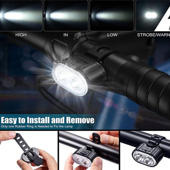 FIEZIO Fietsverlichting Set Ovaal - Oplaadbare USB Led Fietslamp - Voor en Achter - Waterdicht - 4 Lichtstanden - Zwart - FIEZIO