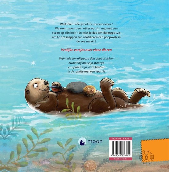 Boekcover met een otter die op zijn rug in het water drijft, met een mossel op zijn buik. Waterplanten en luchtbellen. Tekst: 'Welk dier is de grootste sproeipoeper?'.