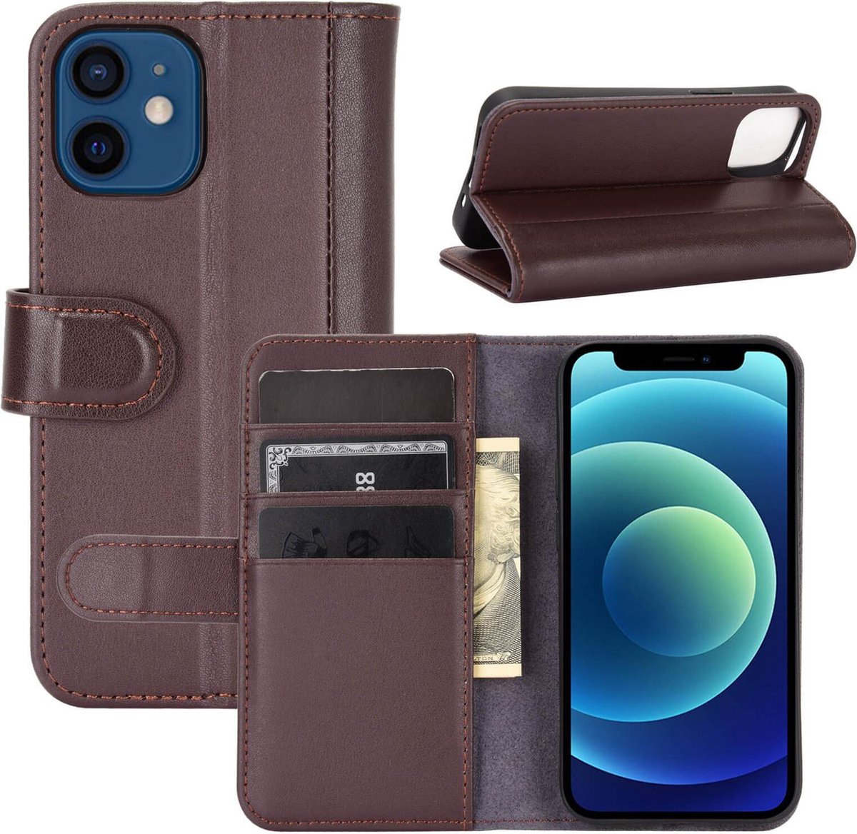 IYUPP Hoesje Geschikt voor iPhone 12 / 12 Pro Hoesje Bruin met Pasjeshouder - Leren Bookcase - Book Cover