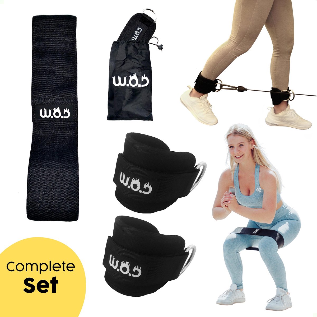 W.O.D Ankle Straps (2 Stuks) + Resistance Band + Tas – Fitness Enkelbanden En Weerstandsband – Zwart