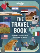 Reisboek met dansers, trein, vlaggen van Argentinië, Egypte, Australië, VS, Italië, Belize, piramides, Uluru, Jaguar, skelet, flamingo's, Venetië gondel en Vrijheidsbeeld.