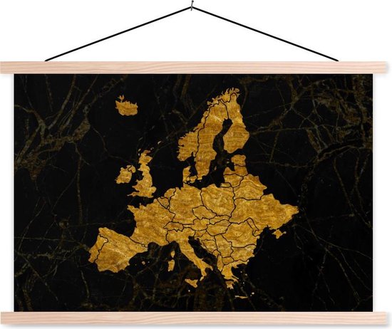 Posterhanger incl. Poster - Schoolplaat - Kaart Europa - Goud - Zwart - 150x100 cm - Blanke latten