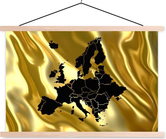 Posterhanger incl. Poster - Schoolplaat - Landkaart Europa - Zwart - Goud - 150x100 cm - Blanke latten