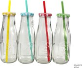 Fles - 4 stuks - met Rietje - Glas - 400ml