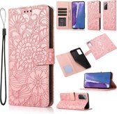 Voor Samsung Galaxy Note20 Huid Voelen Reliëf Zonnebloem Horizontale Flip Lederen Case met Houder & Kaartsleuven & Portemonnee & Lanyard (Rose Goud)