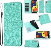 Voor Samsung Galaxy A50s Huid Voelen Reliëf Zonnebloem Horizontale Flip Lederen Case met Houder & Kaartsleuven & Portemonnee & Lanyard (Groen)