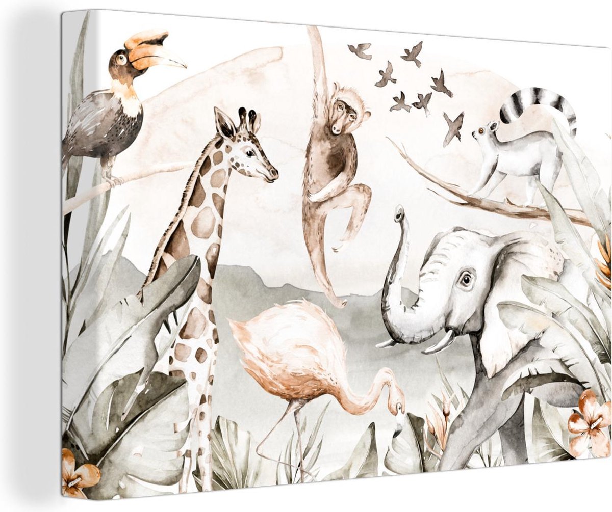 Canvas Schilderij Aquarelverf - Dieren - Jungle - Jongens - Meisjes - Kinderen - Kind - 120x80 cm - Wanddecoratie