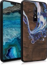 kwmobile telefoonhoesje compatibel met OnePlus 6 - Hoesje met bumper in blauw / poederroze / donkerbruin - walnoothout - Houten Penseel design