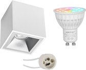 Mi-Light MiBoxer - Opbouwspot Set GU10 - Smart LED - Wifi LED - Slimme LED - 4W - RGB+CCT - Aanpasbare Kleur - Dimbaar - Proma Cliron Pro - Opbouw Vierkant - Mat Wit/Zilver - Verdi