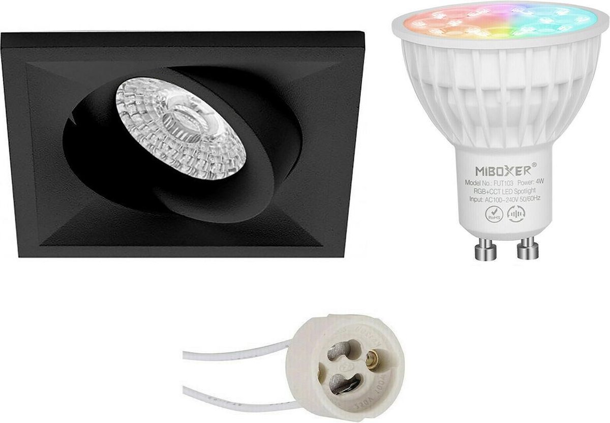 Mi-Light MiBoxer - LED Spot Set GU10 - Smart LED - Wifi LED - Slimme LED - 4W - RGB+CCT - Aanpasbare Kleur - Dimbaar - Proma Qiundo Pro - Inbouw Vierkant - Mat Zwart - Kantelbaar - 80mm