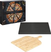 Navaris pizzasteen XL voor oven, steengrill en barbecue - Rechthoekige pizzaplaat 38 x 30 cm - Set inclusief bamboe pizzaschep en receptenboek