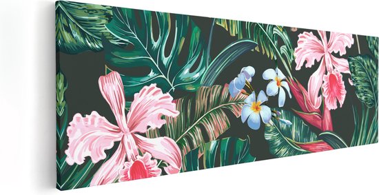 Artaza Canvas Schilderij Getekende Tropische Bloemen - Abstract - 90x30 - Foto Op Canvas - Canvas Print