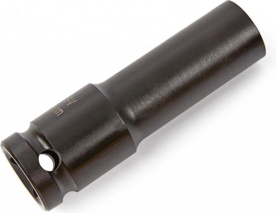 Donkere metalen dopsleutel met een ring voor borgclip. Metrische maat aanduiding.