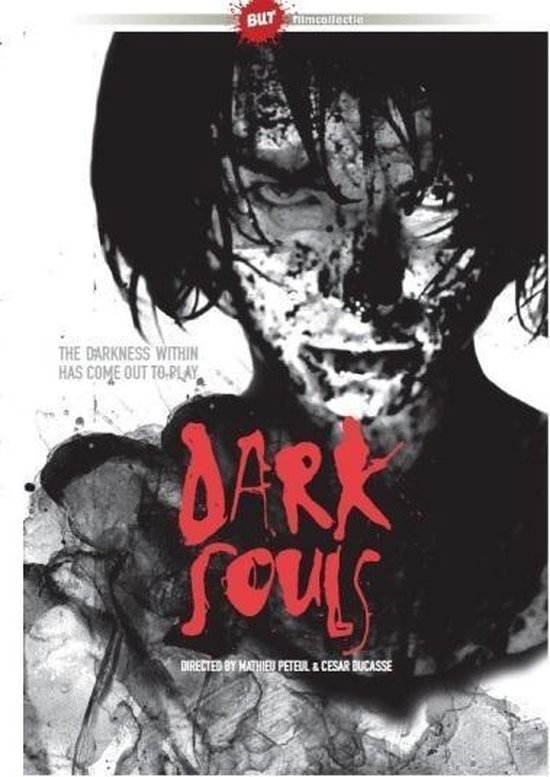 Filmcover van Dark Souls met griezelige, verfspattenkunst van een gezicht en de titel.