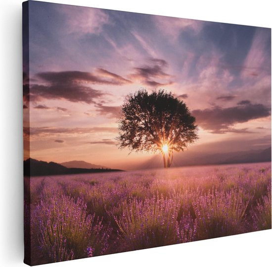 Artaza Canvas Schilderij Bloemenveld Met Lavendel Bij Zonsondergang - 80x60 - Foto Op Canvas - Canvas Print