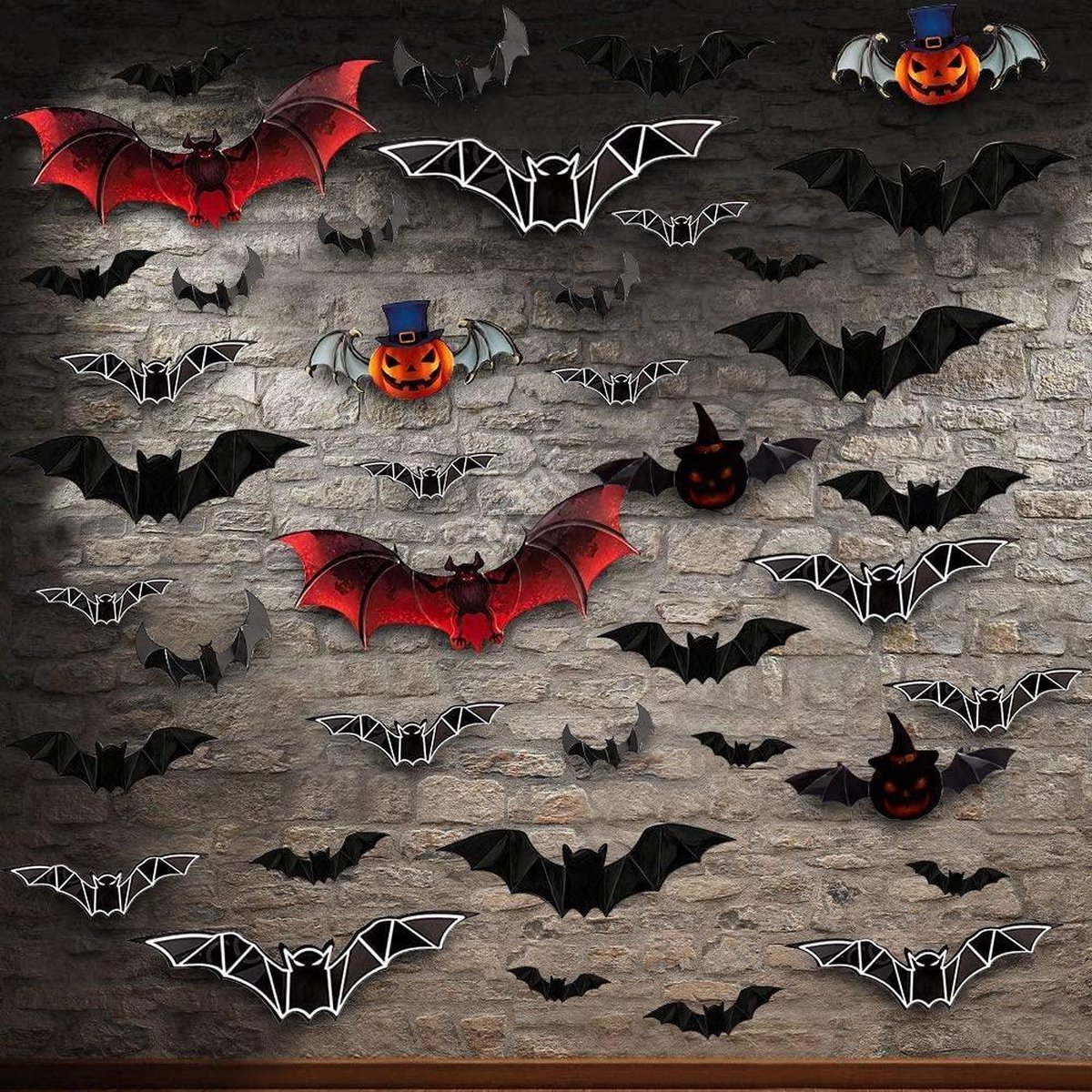Afbeelding van product Halloween Stickers | Muurstickers | Raamstickers | 40 Stuks | Vleermuizen | 3D | Zelfklevend | Glow in the dark | PVC