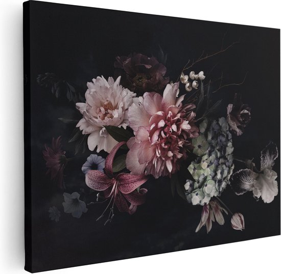 Artaza Canvas Schilderij Diverse Bloemen Op Zwart Achtergrond - 80x60 - Foto Op Canvas - Canvas Print