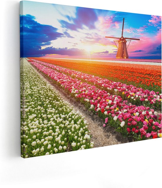 Artaza Canvas Schilderij Kleurrijke Bloemenveld Met Een Windmolen - 100x80 - Groot - Foto Op Canvas - Canvas Print
