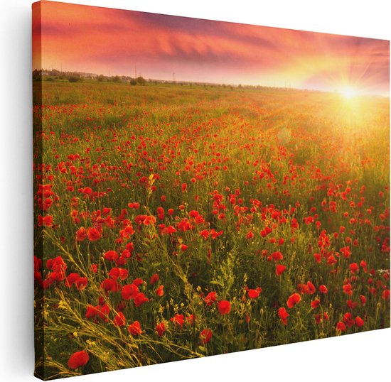 Artaza Canvas Schilderij Rode Klaproos Bloemenveld - Zonsondergang - 40x30 - Klein - Foto Op Canvas - Canvas Print