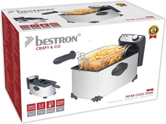 Bestron Frituurpan - AF351 - Friteuse 2200W - 3.5L inhoud - Coolzone-technologie - Kijkvenster - RVS - 5 jaar garantie - WK