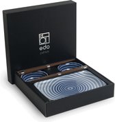 Edo Japan sushi set twee personen, sushi servies bestaande uit twee bordjes 21cm bij14 cm bij 2,5 cm twee kommetjes 10 cm diameter hoogte 4 cm kleuren blauw wit plus 2 keer eetstokjes in luxe