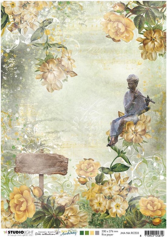 Rijstpapier met een aquarelprint van gele rozen, groene bladeren en een zittende figuur met een fluit op een bloem.