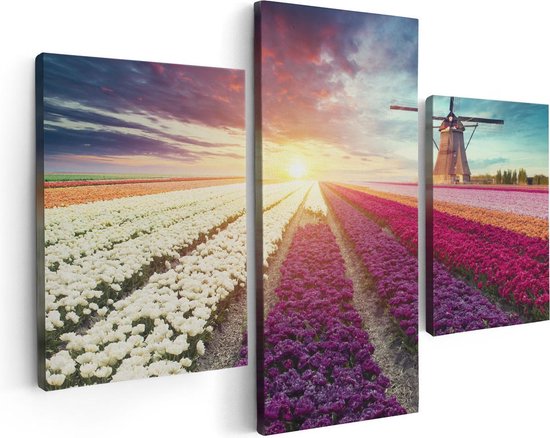 Artaza Canvas Schilderij Drieluik Kleurrijke Tulpen Bloemenveld - Windmolen - 90x60 - Foto Op Canvas - Canvas Print