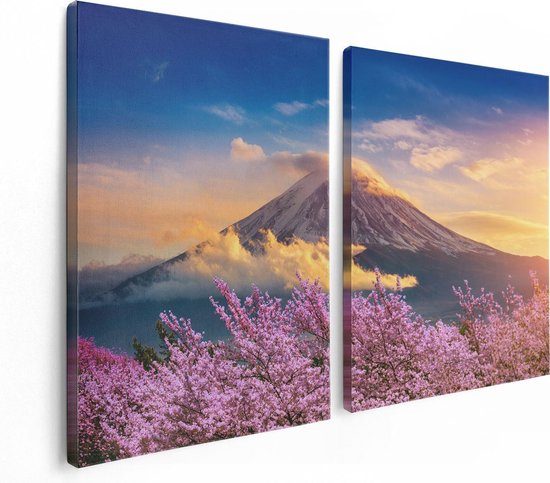 Artaza - Diptyque de peinture sur toile - Berg Fuji avec des arbres en fleurs roses - Fleurs - 120x80 - Photo sur toile - Impression sur toile