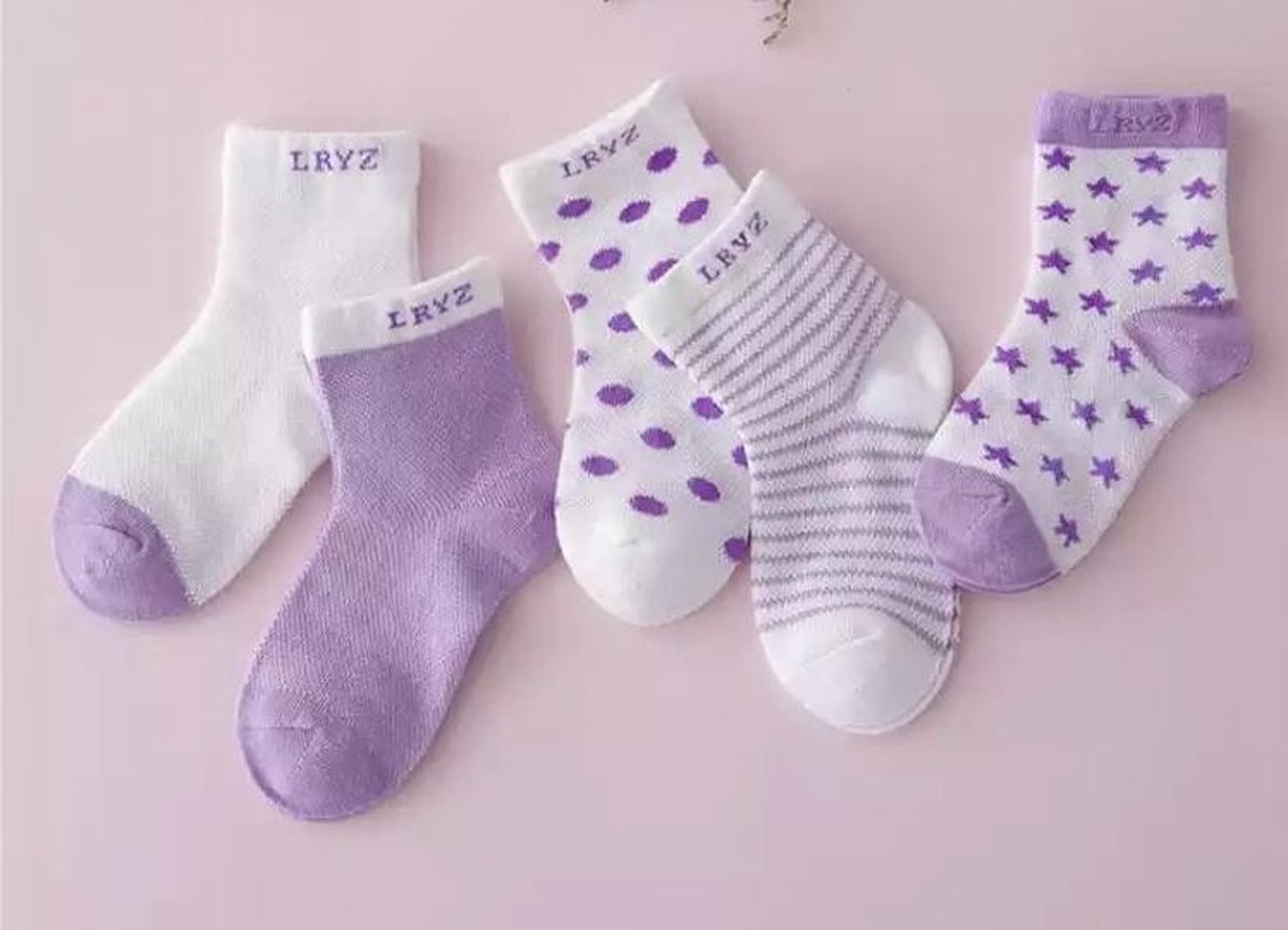 5 paar New born Baby sokken - Set Babysokjes - 0-6 maanden - Paarse Babysokken - Multipack - Kraamcadeau voor Jongen of Meisje - Babyshower Cadeau - Kraammand