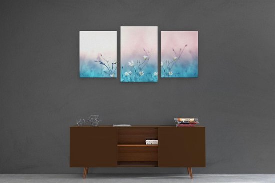 Artaza - Triptyque de peinture sur toile - Fleurs Witte sur fond Blauw - 120x60 - Tableau sur toile - Impression sur toile