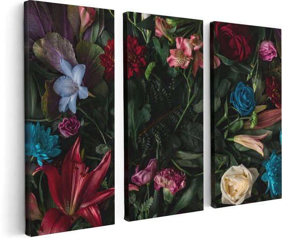 Artaza Canvas Schilderij Drieluik Kleurrijke Bloemen Met Groene Bladeren - 120x80 - Foto Op Canvas - Canvas Print