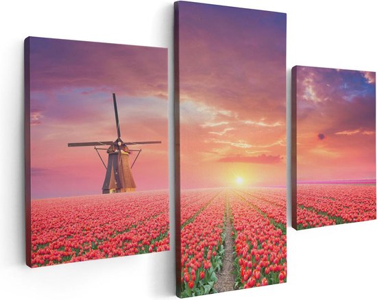 Artaza - Triptyque de peinture sur toile - Champ de fleurs de roses rouges avec un moulin à vent - 90x60 - Photo sur toile - Impression sur toile