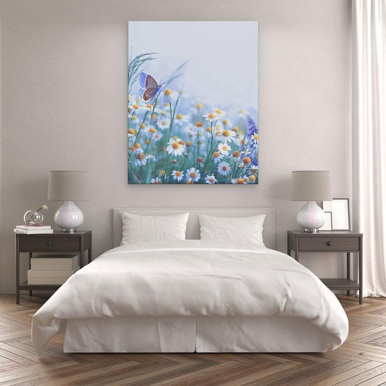 Artaza Peinture Sur Toile Fleurs De Camomille Witte Avec Un Papillon - 80x100 - Groot - Photo Sur Toile - Impression Sur Toile