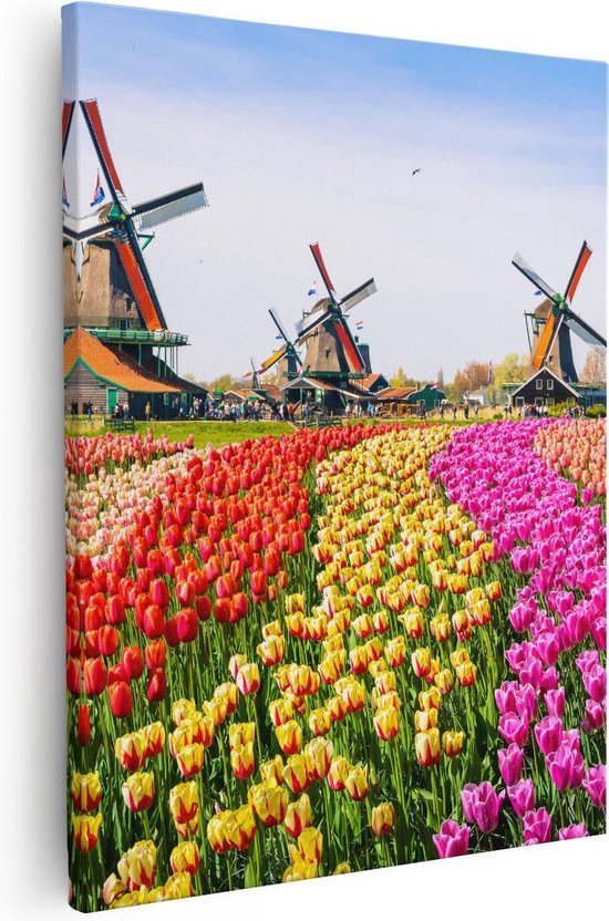 Artaza - Peinture sur toile - Champ de fleurs de tulipes colorées - Moulin à vent - 80 x 100 - Groot - Photo sur toile - Impression sur toile