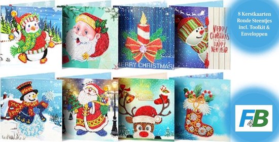 F4B 8-Delig Kerstkaarten Diamond Painting 15x15cm | Ronde Steentjes | Met Enveloppen | Kerstmis | Kaartenset | Cards | Merry Christmas | Kinderen | Pakket Volwassenen en Kinderen cadeau geven