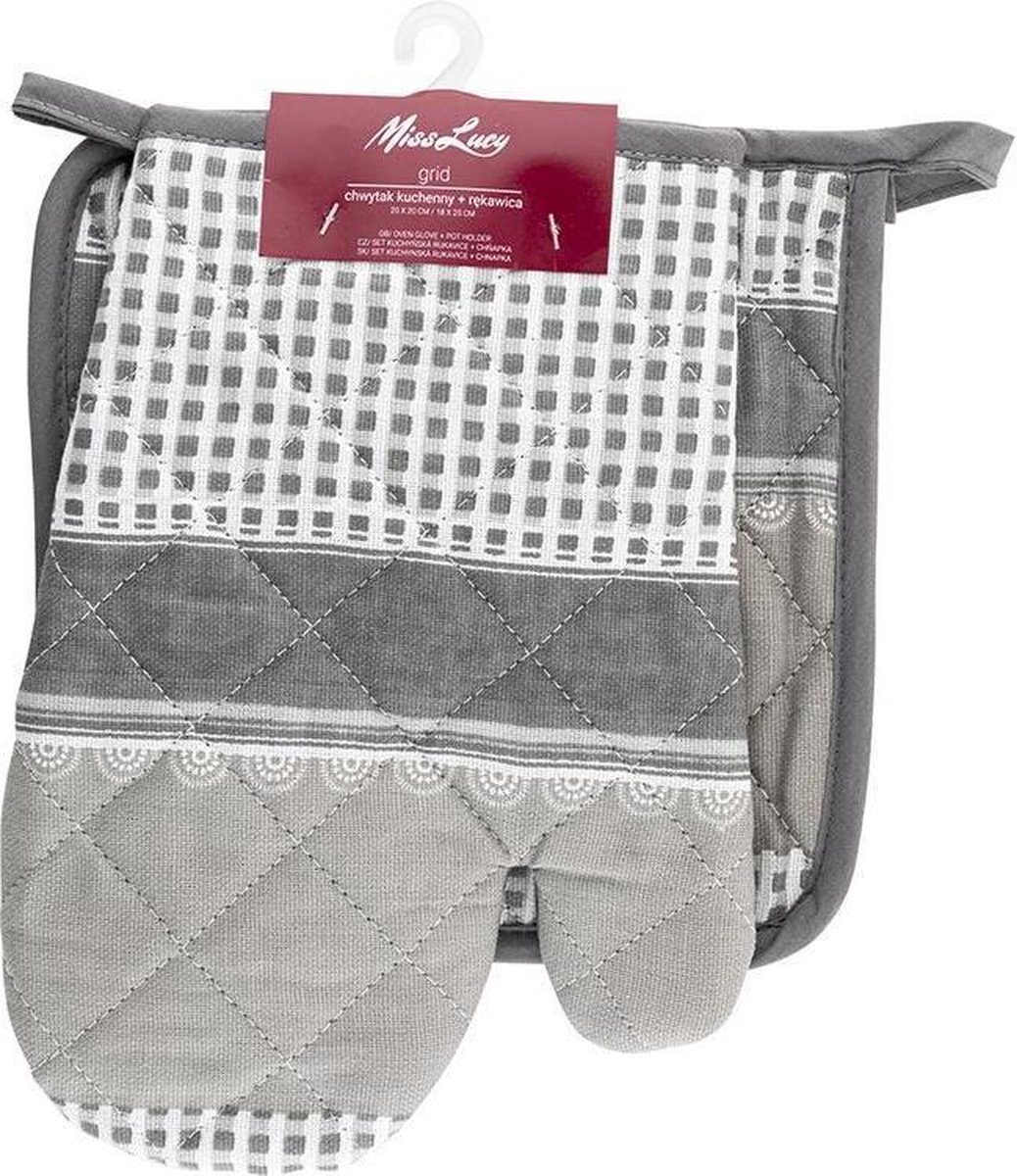 Miss Lucy Grid set van 2 ovenwanten - Ovenhandschoenen - Pan lap - Keuken textiel - Keukenhandschoen - Grijs