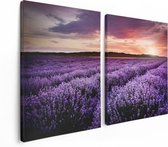 Artaza - Peinture sur toile Diptyque - Champ de fleurs avec Lavande violette - Fleurs - 120x80 - Photo sur toile - Impression sur toile